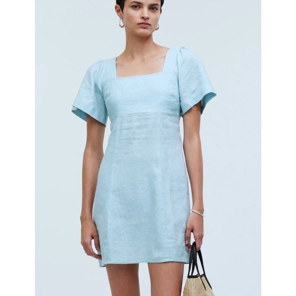 Madewell Square Neck Mini Dress 100% Linen Womens 10 Blue Smocked Open Back EUC